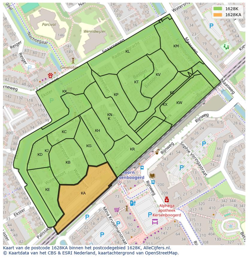 Afbeelding van het postcodegebied 1628 KA op de kaart.