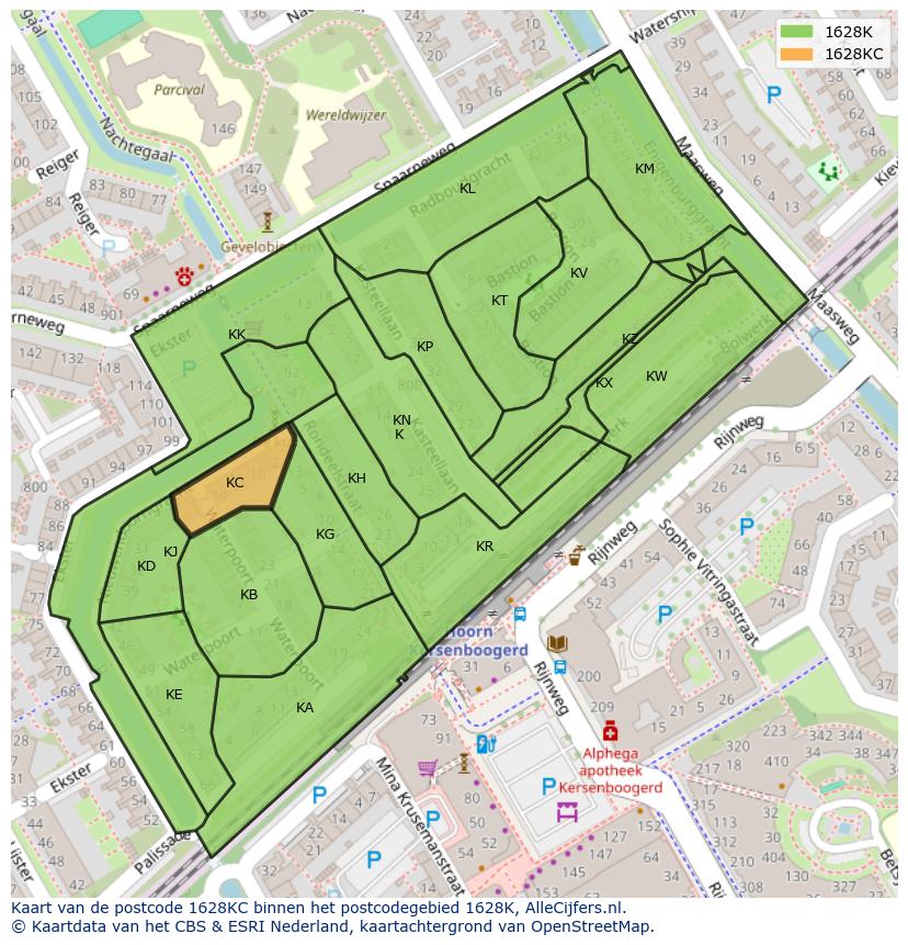 Afbeelding van het postcodegebied 1628 KC op de kaart.