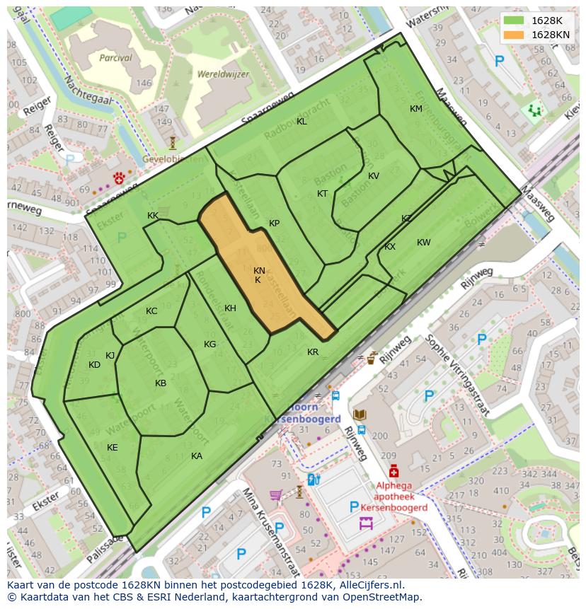 Afbeelding van het postcodegebied 1628 KN op de kaart.