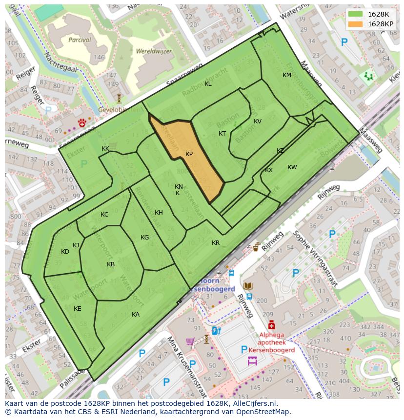 Afbeelding van het postcodegebied 1628 KP op de kaart.