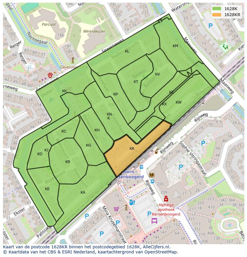 Afbeelding van het postcodegebied 1628 KR op de kaart.