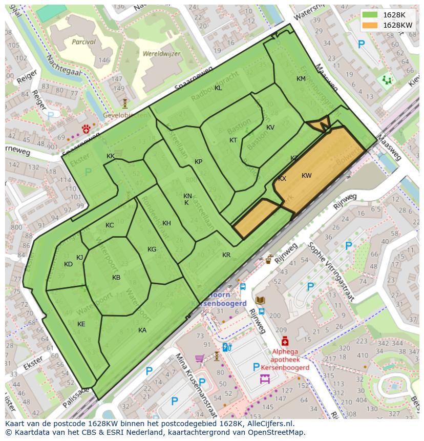 Afbeelding van het postcodegebied 1628 KW op de kaart.