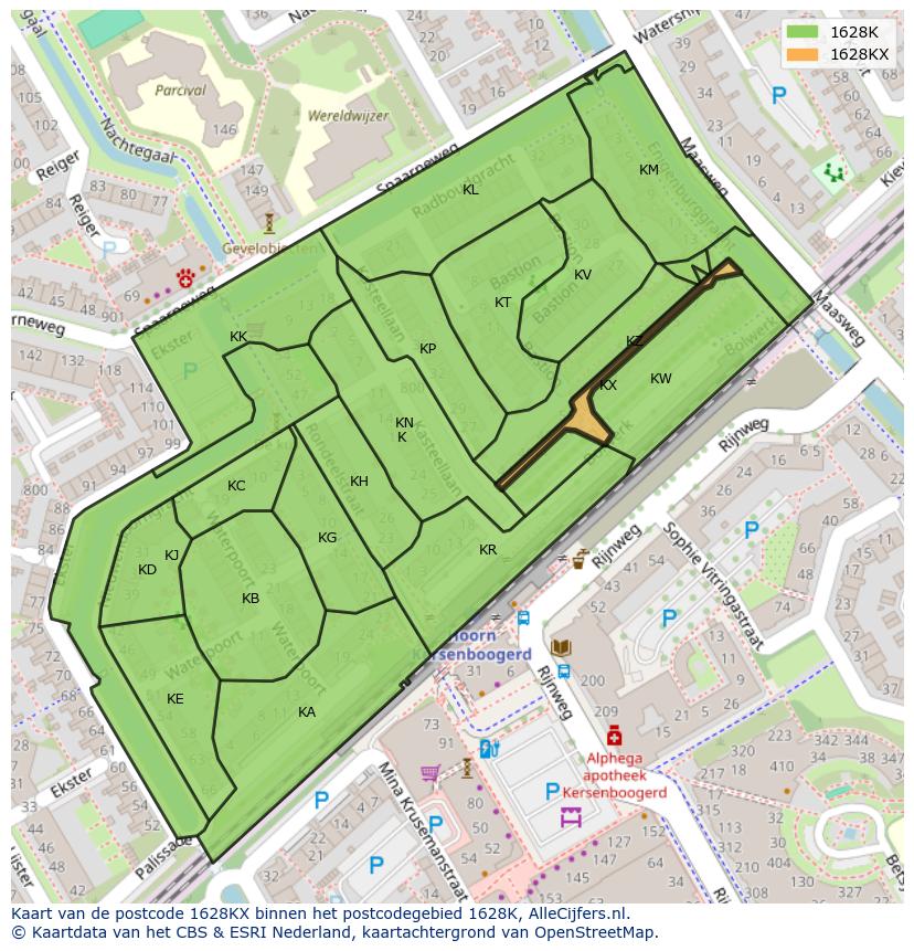 Afbeelding van het postcodegebied 1628 KX op de kaart.