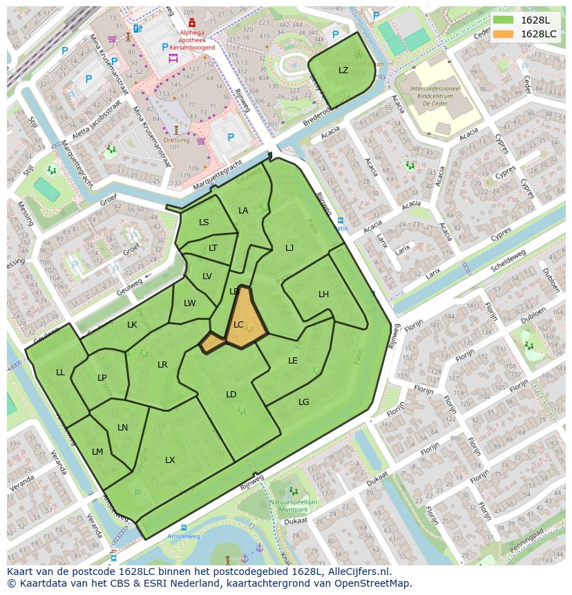 Afbeelding van het postcodegebied 1628 LC op de kaart.