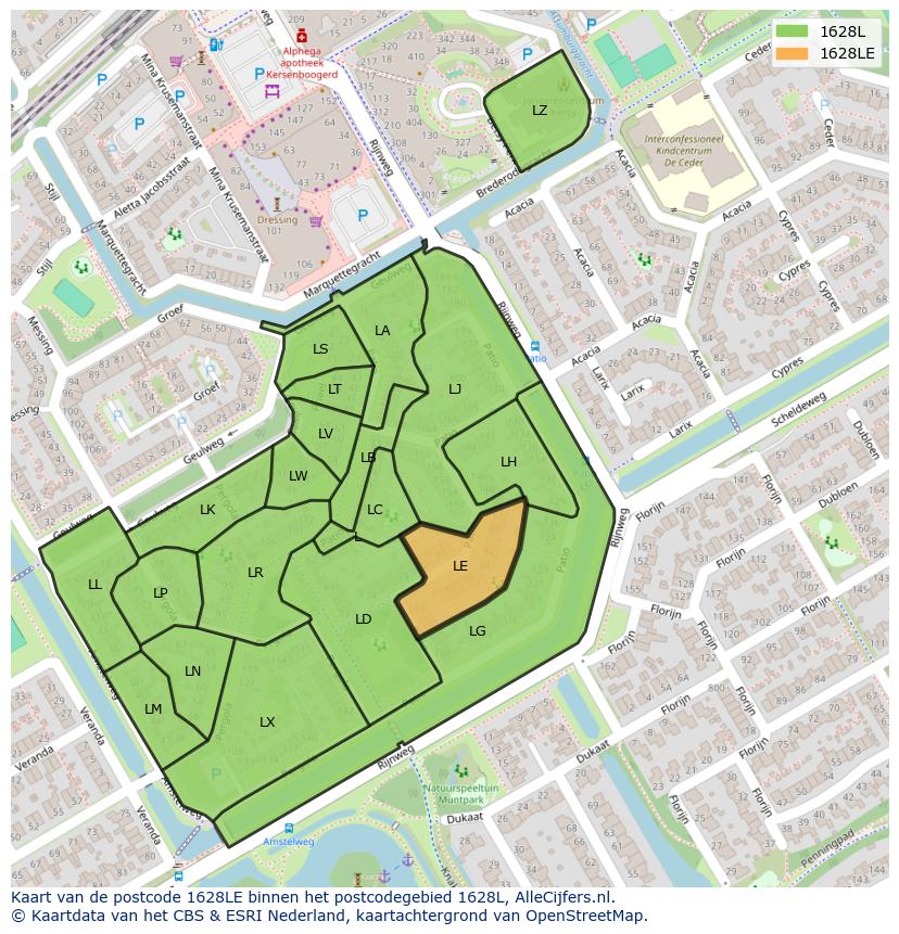 Afbeelding van het postcodegebied 1628 LE op de kaart.