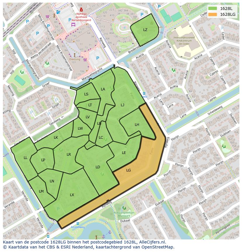 Afbeelding van het postcodegebied 1628 LG op de kaart.