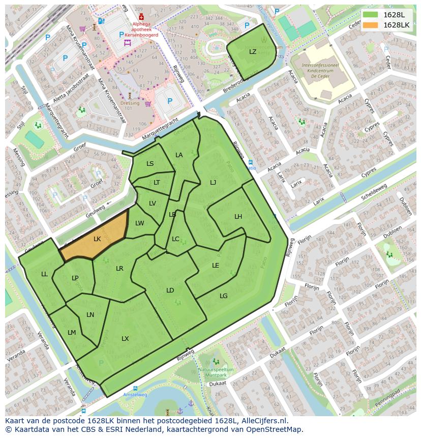 Afbeelding van het postcodegebied 1628 LK op de kaart.