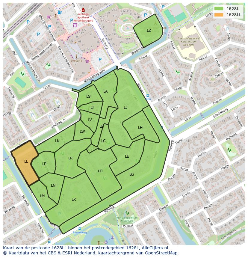 Afbeelding van het postcodegebied 1628 LL op de kaart.