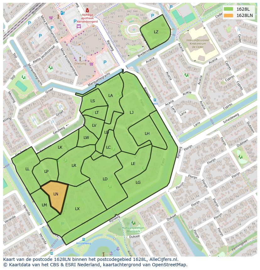 Afbeelding van het postcodegebied 1628 LN op de kaart.