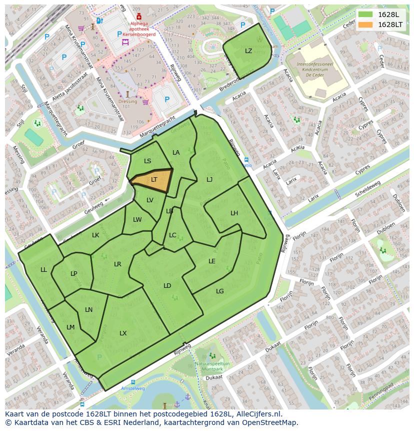 Afbeelding van het postcodegebied 1628 LT op de kaart.