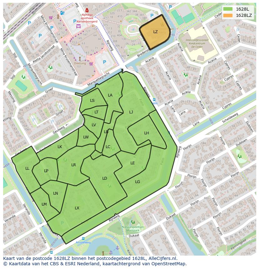 Afbeelding van het postcodegebied 1628 LZ op de kaart.