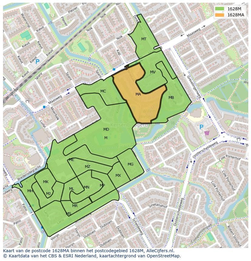 Afbeelding van het postcodegebied 1628 MA op de kaart.
