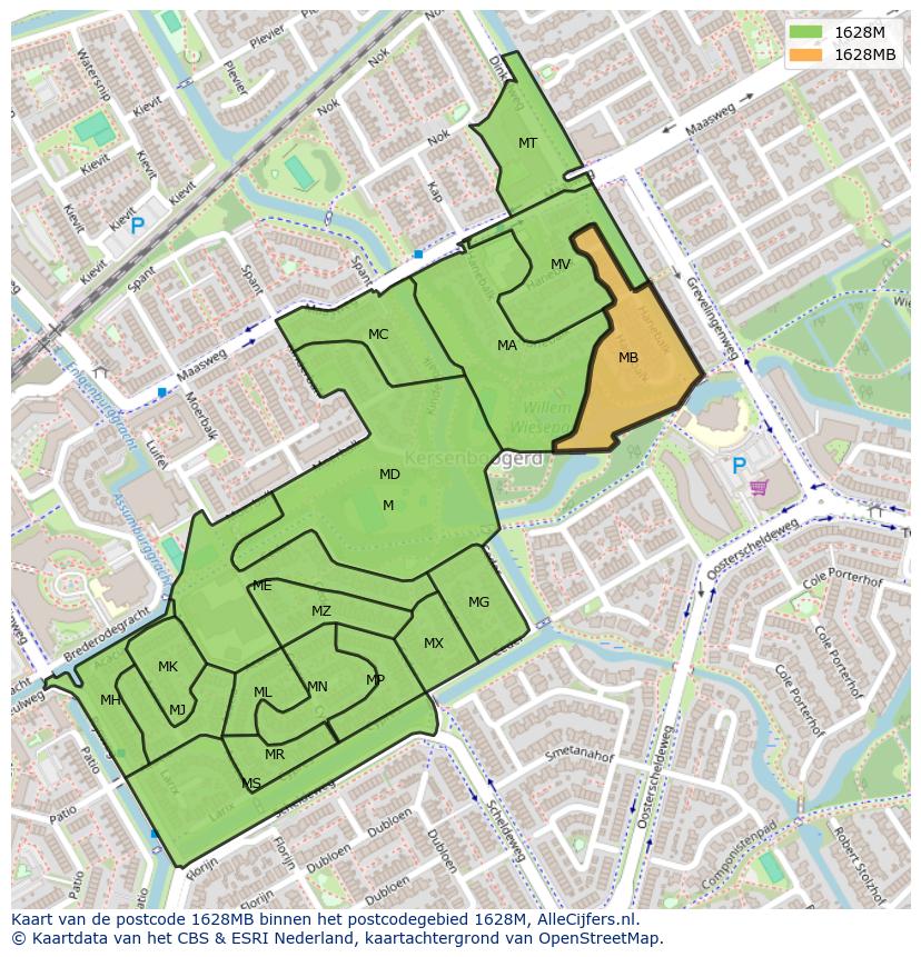 Afbeelding van het postcodegebied 1628 MB op de kaart.