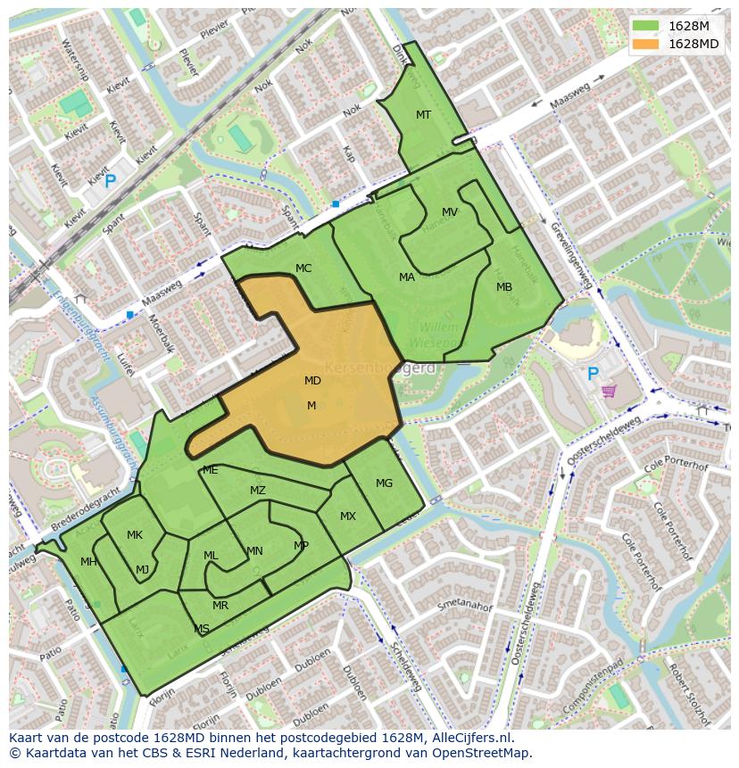 Afbeelding van het postcodegebied 1628 MD op de kaart.