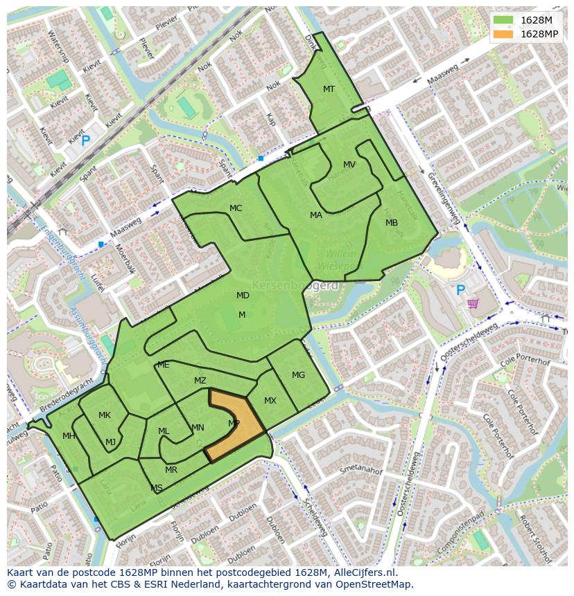 Afbeelding van het postcodegebied 1628 MP op de kaart.