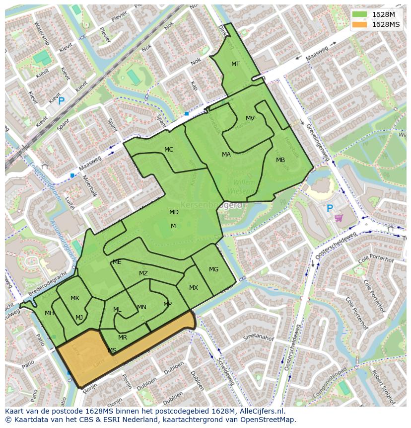 Afbeelding van het postcodegebied 1628 MS op de kaart.
