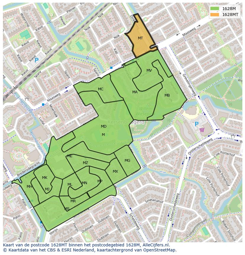 Afbeelding van het postcodegebied 1628 MT op de kaart.