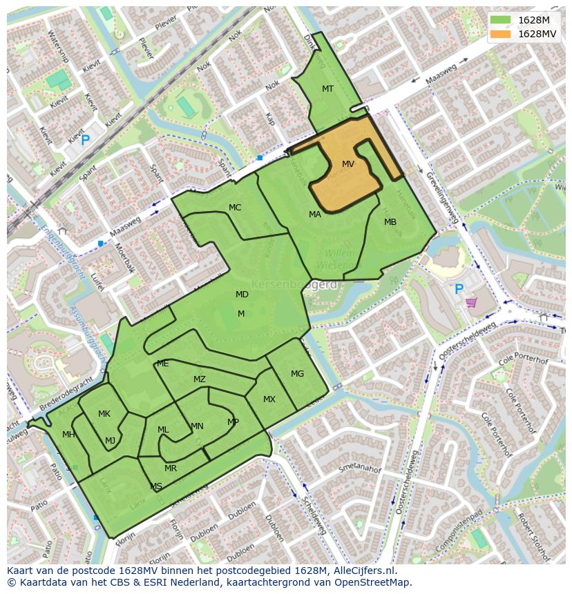 Afbeelding van het postcodegebied 1628 MV op de kaart.