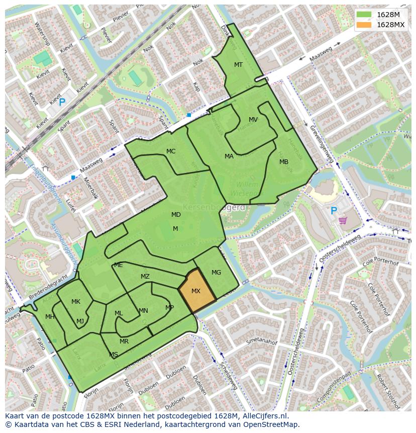 Afbeelding van het postcodegebied 1628 MX op de kaart.