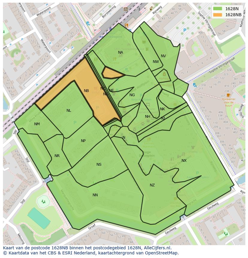 Afbeelding van het postcodegebied 1628 NB op de kaart.