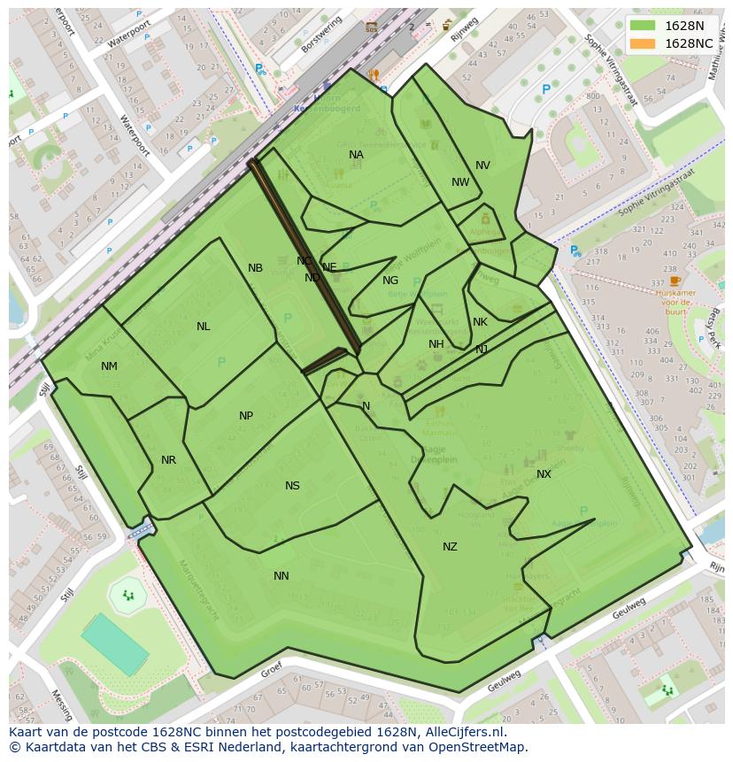 Afbeelding van het postcodegebied 1628 NC op de kaart.
