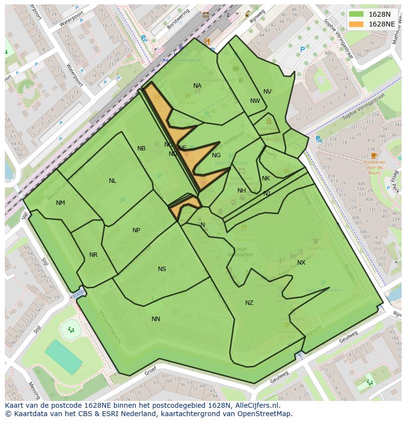 Afbeelding van het postcodegebied 1628 NE op de kaart.
