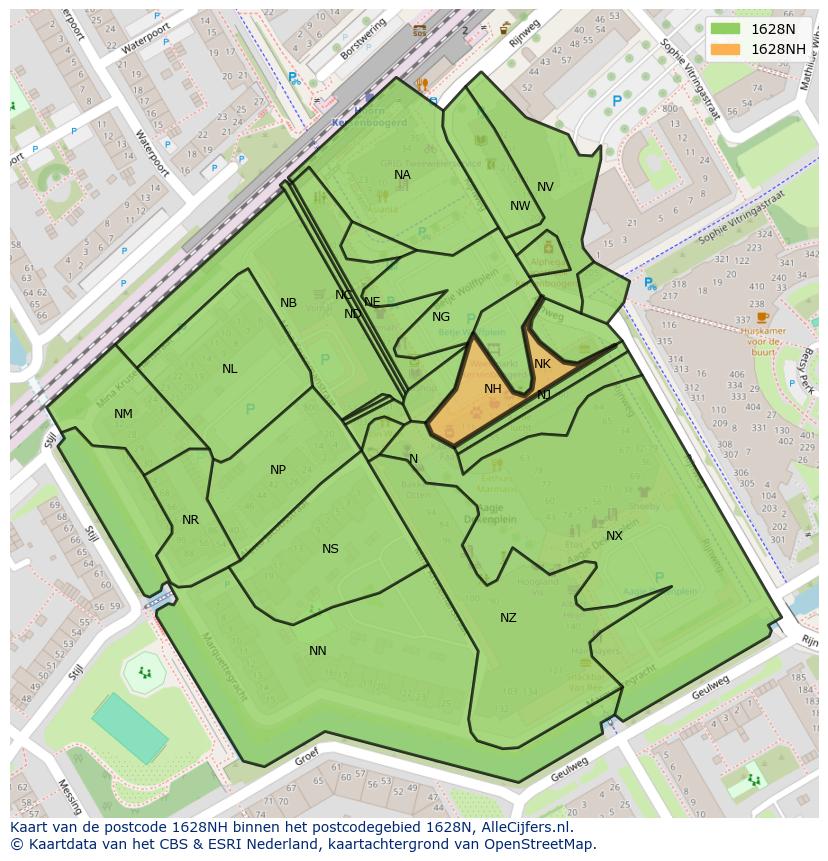 Afbeelding van het postcodegebied 1628 NH op de kaart.