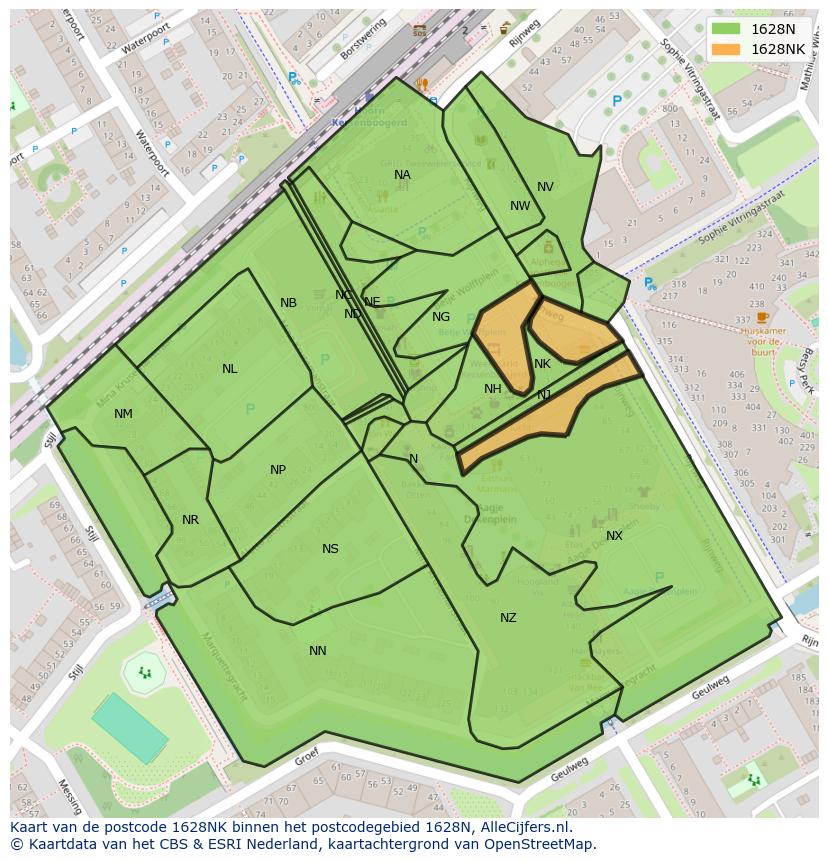 Afbeelding van het postcodegebied 1628 NK op de kaart.