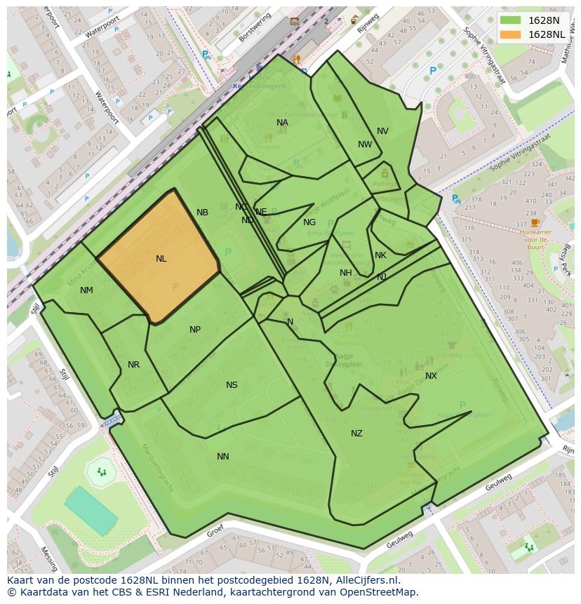 Afbeelding van het postcodegebied 1628 NL op de kaart.