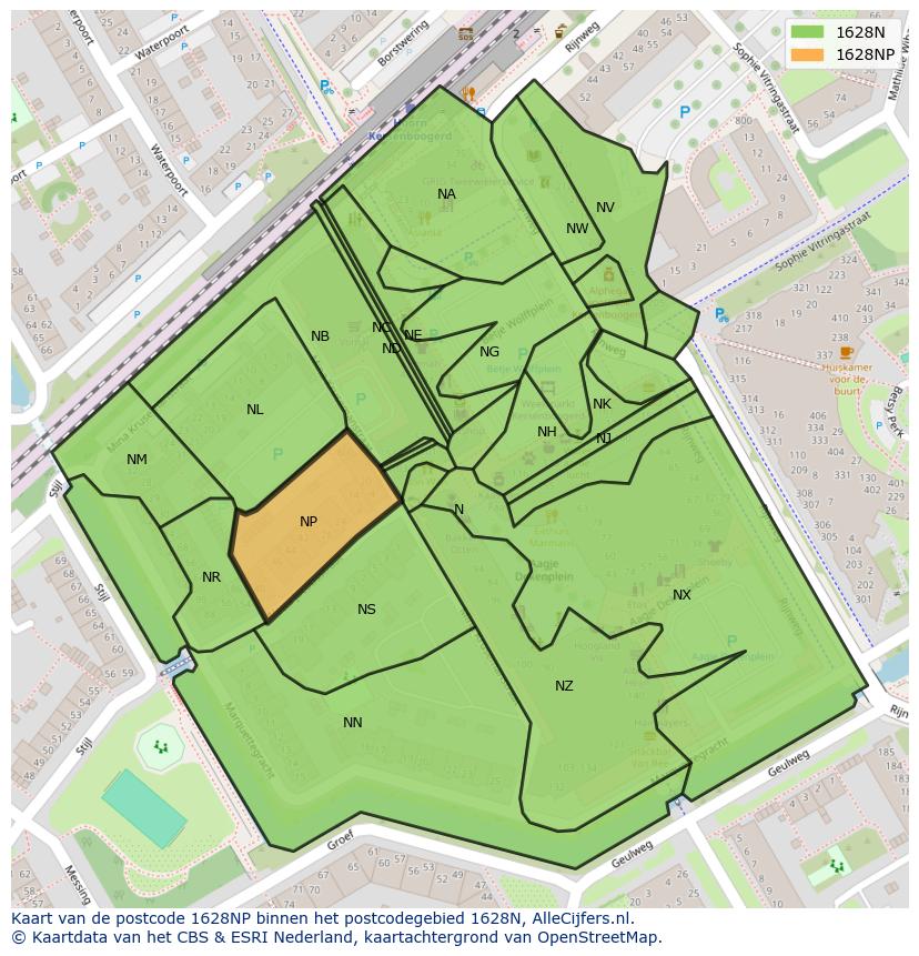 Afbeelding van het postcodegebied 1628 NP op de kaart.