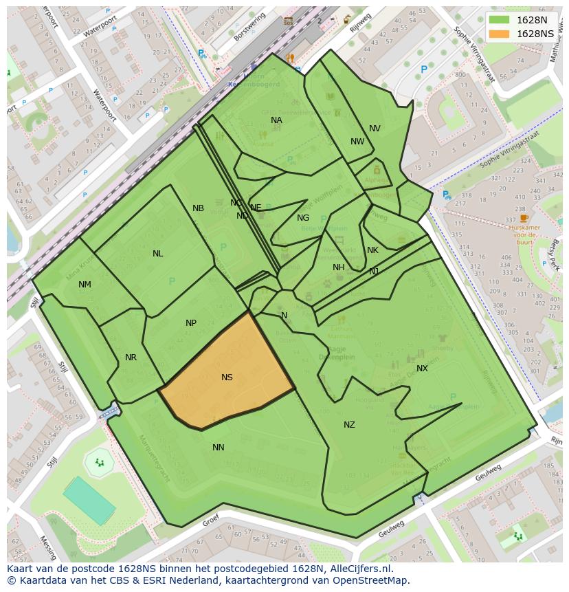 Afbeelding van het postcodegebied 1628 NS op de kaart.