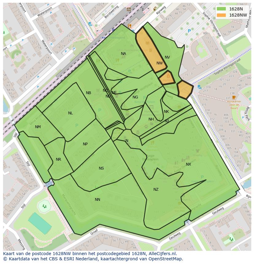 Afbeelding van het postcodegebied 1628 NW op de kaart.