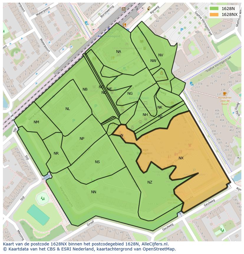 Afbeelding van het postcodegebied 1628 NX op de kaart.