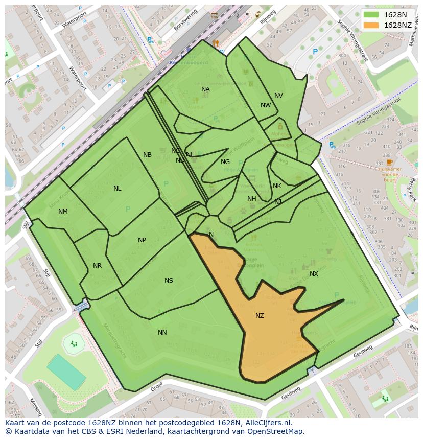 Afbeelding van het postcodegebied 1628 NZ op de kaart.