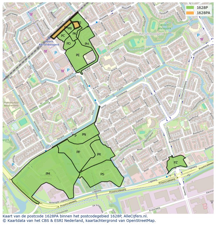 Afbeelding van het postcodegebied 1628 PA op de kaart.