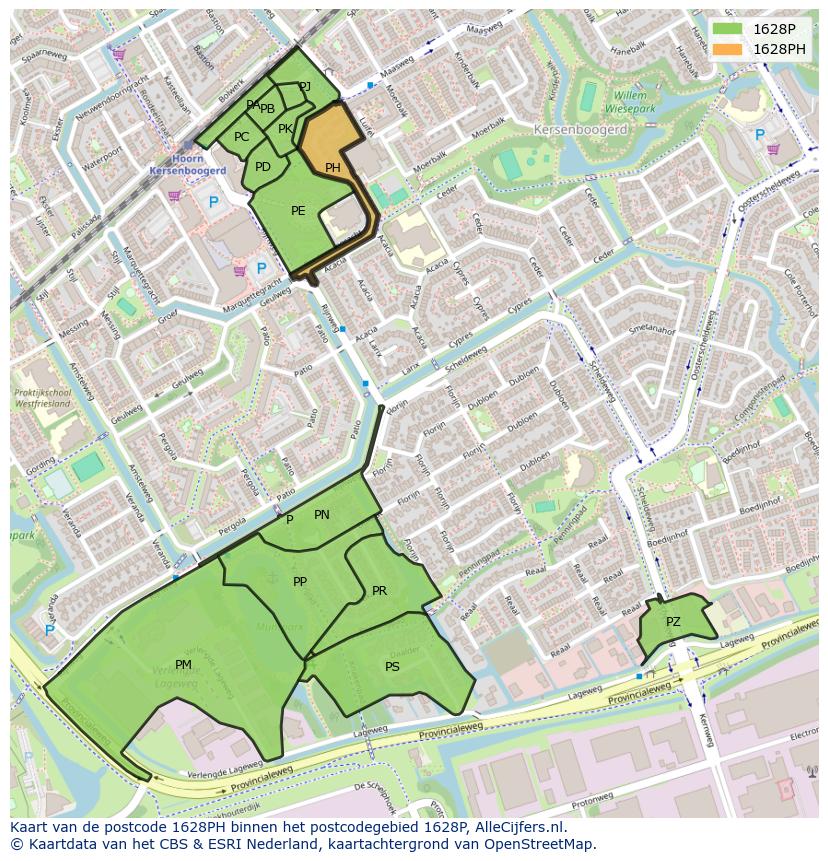 Afbeelding van het postcodegebied 1628 PH op de kaart.