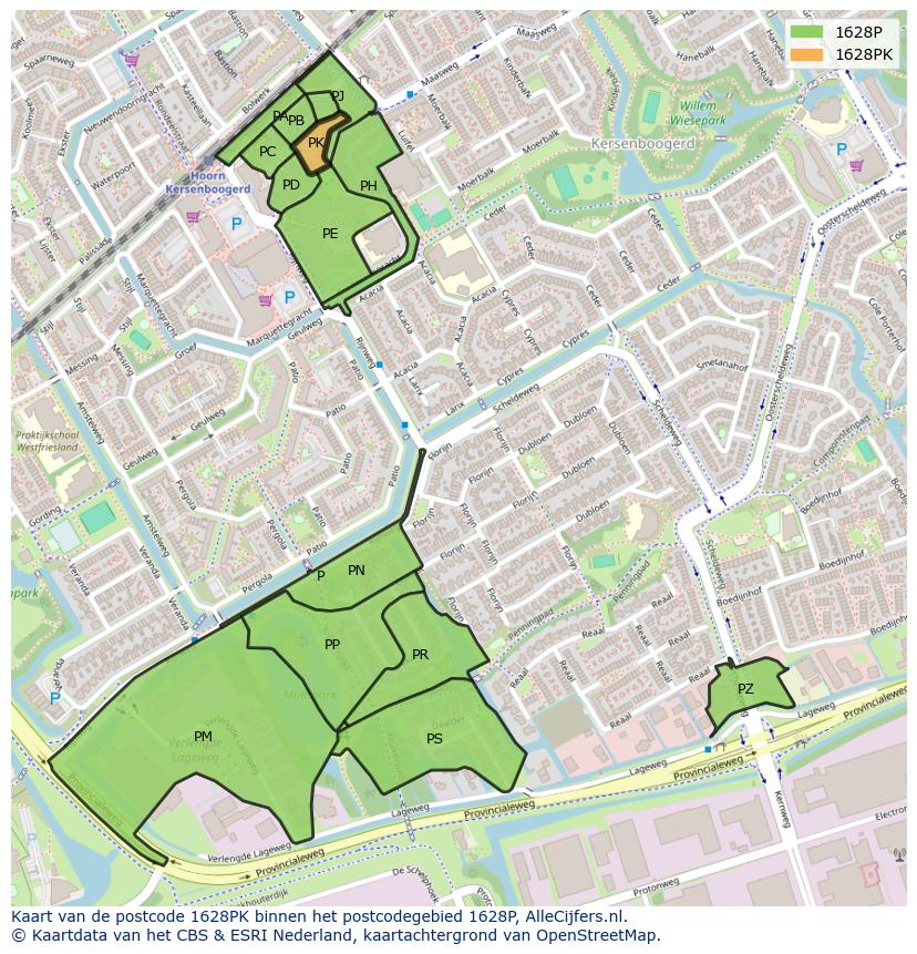 Afbeelding van het postcodegebied 1628 PK op de kaart.