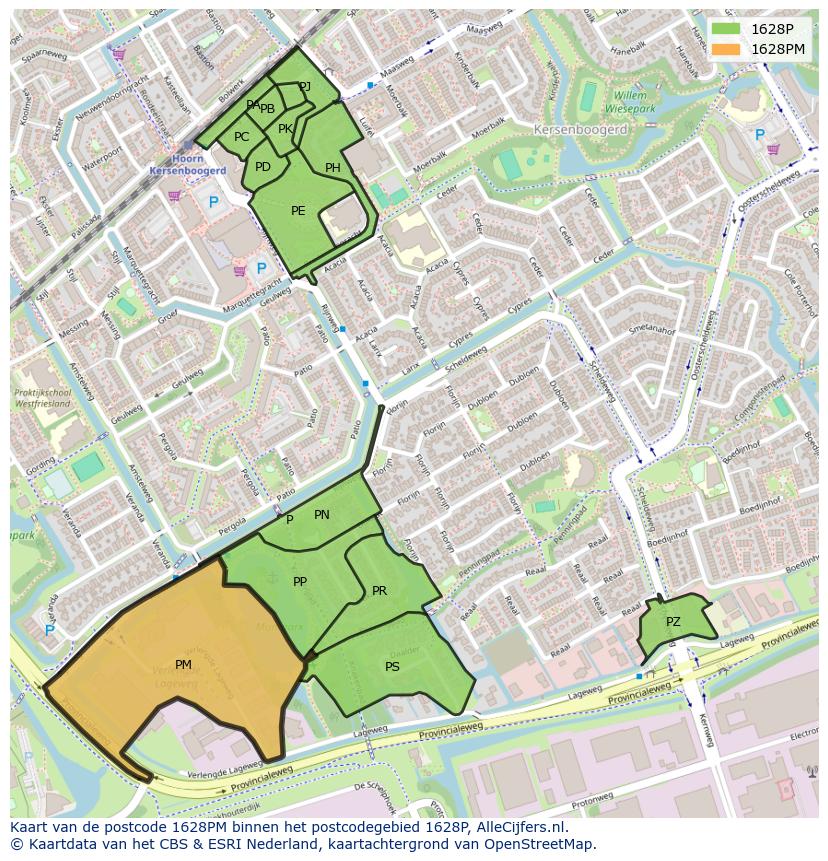 Afbeelding van het postcodegebied 1628 PM op de kaart.