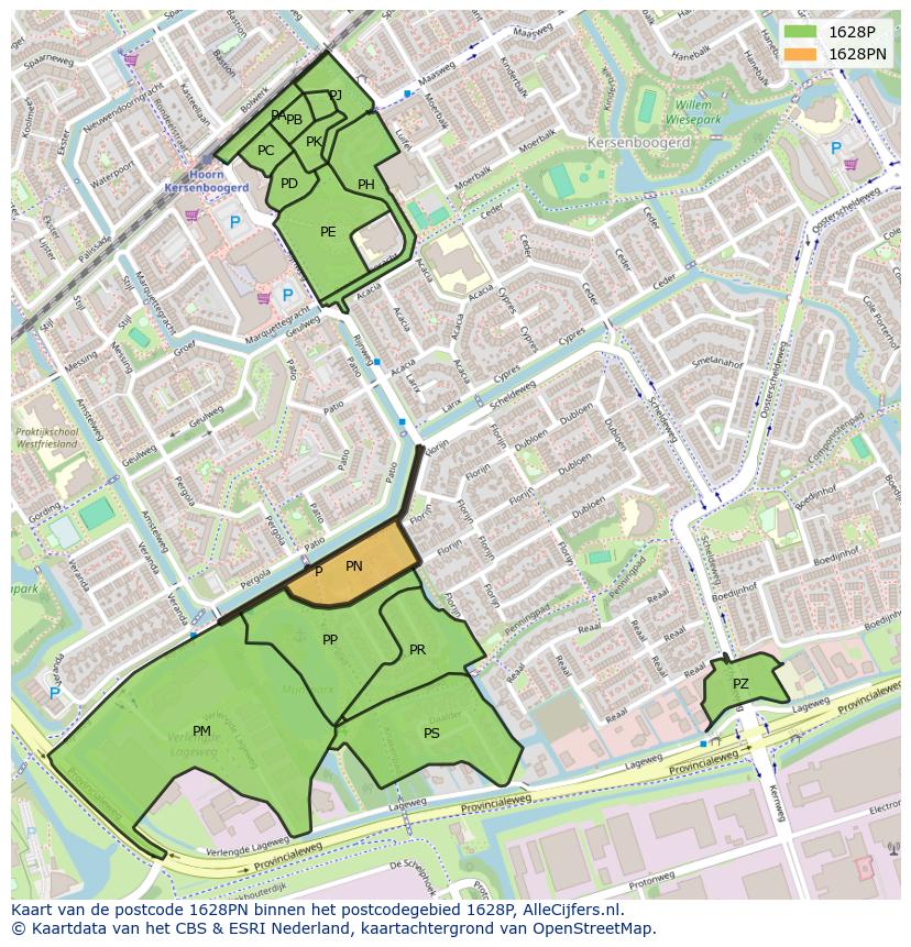 Afbeelding van het postcodegebied 1628 PN op de kaart.
