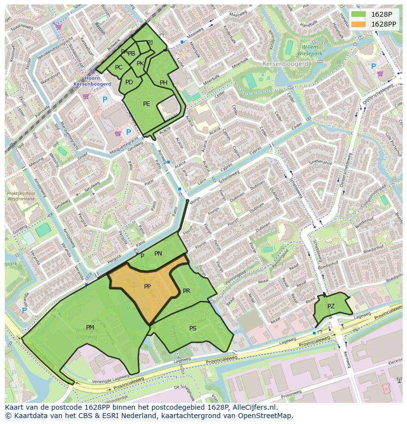 Afbeelding van het postcodegebied 1628 PP op de kaart.
