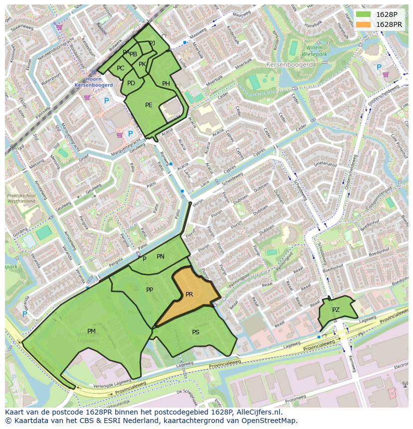 Afbeelding van het postcodegebied 1628 PR op de kaart.