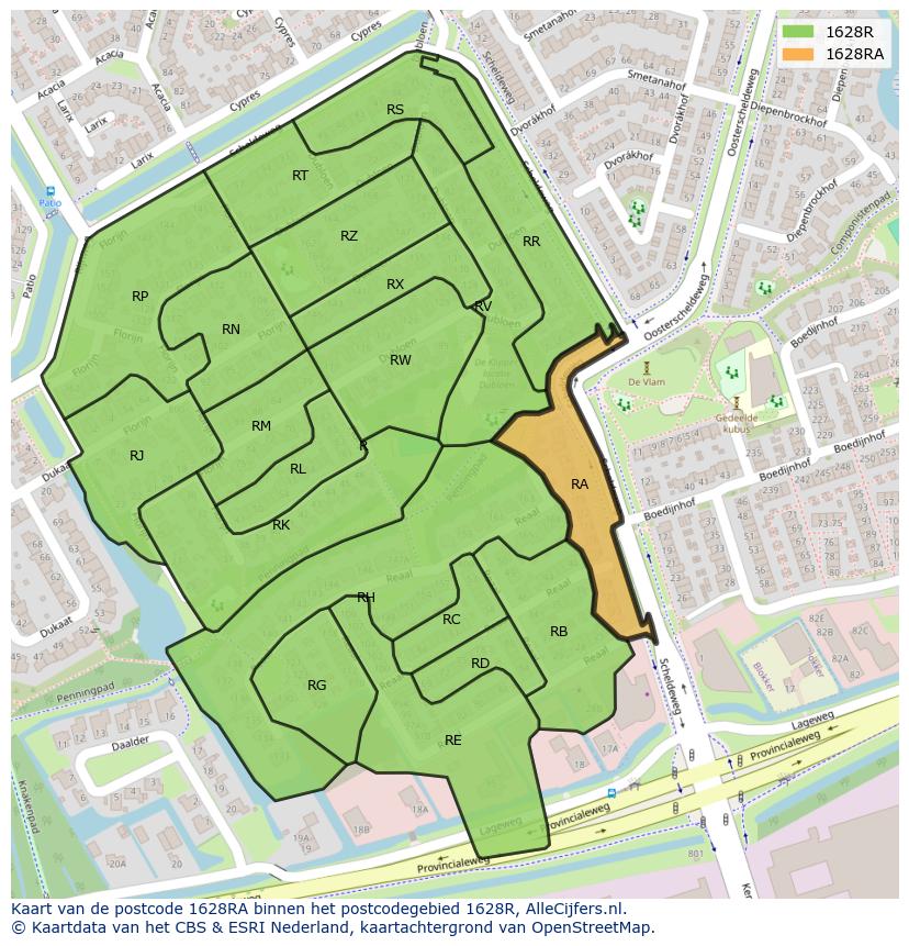 Afbeelding van het postcodegebied 1628 RA op de kaart.