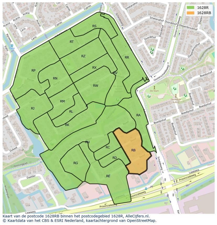 Afbeelding van het postcodegebied 1628 RB op de kaart.