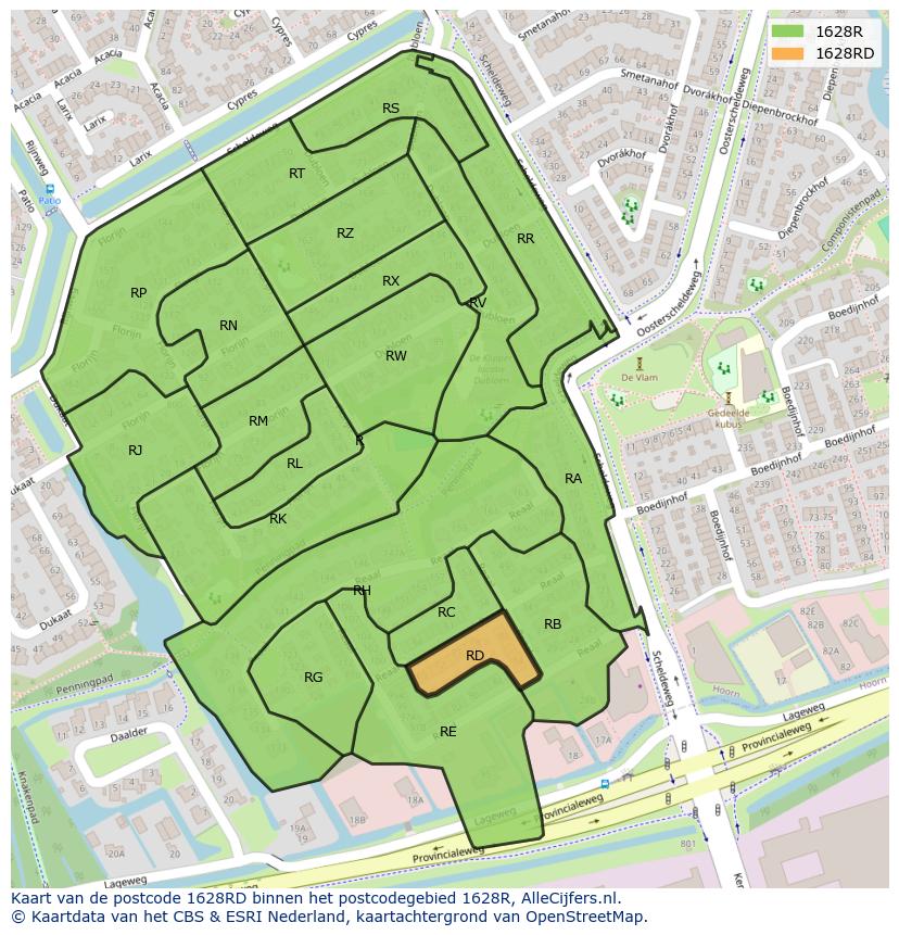 Afbeelding van het postcodegebied 1628 RD op de kaart.