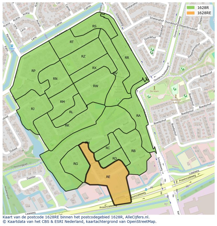 Afbeelding van het postcodegebied 1628 RE op de kaart.