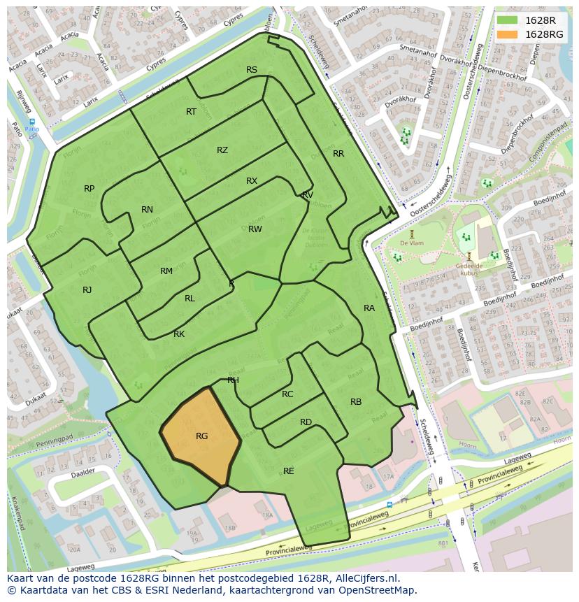 Afbeelding van het postcodegebied 1628 RG op de kaart.
