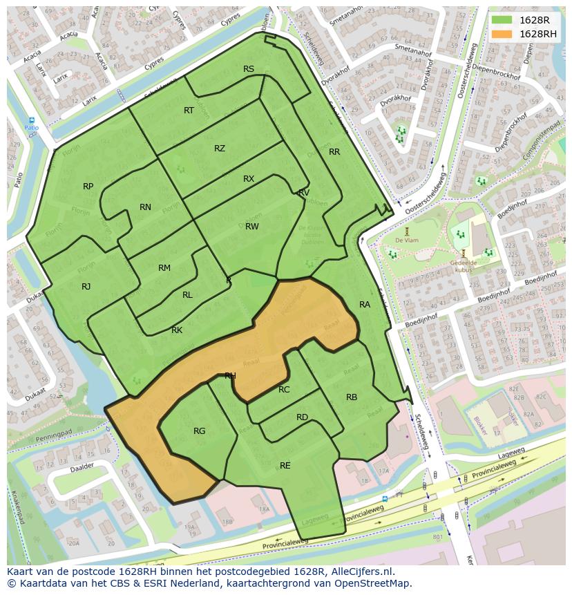 Afbeelding van het postcodegebied 1628 RH op de kaart.
