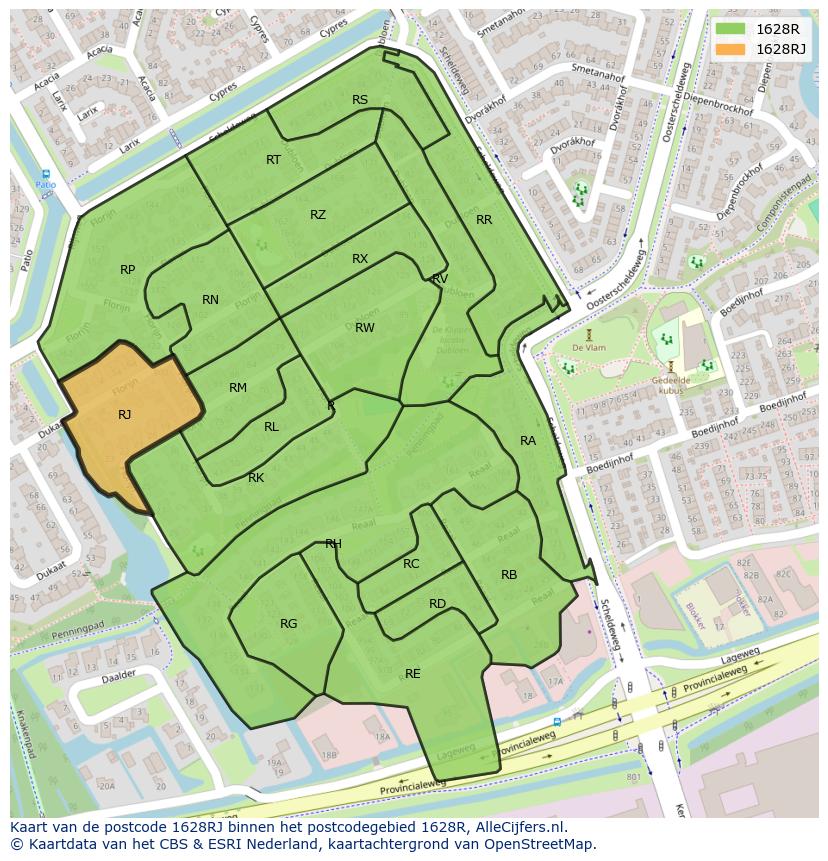 Afbeelding van het postcodegebied 1628 RJ op de kaart.