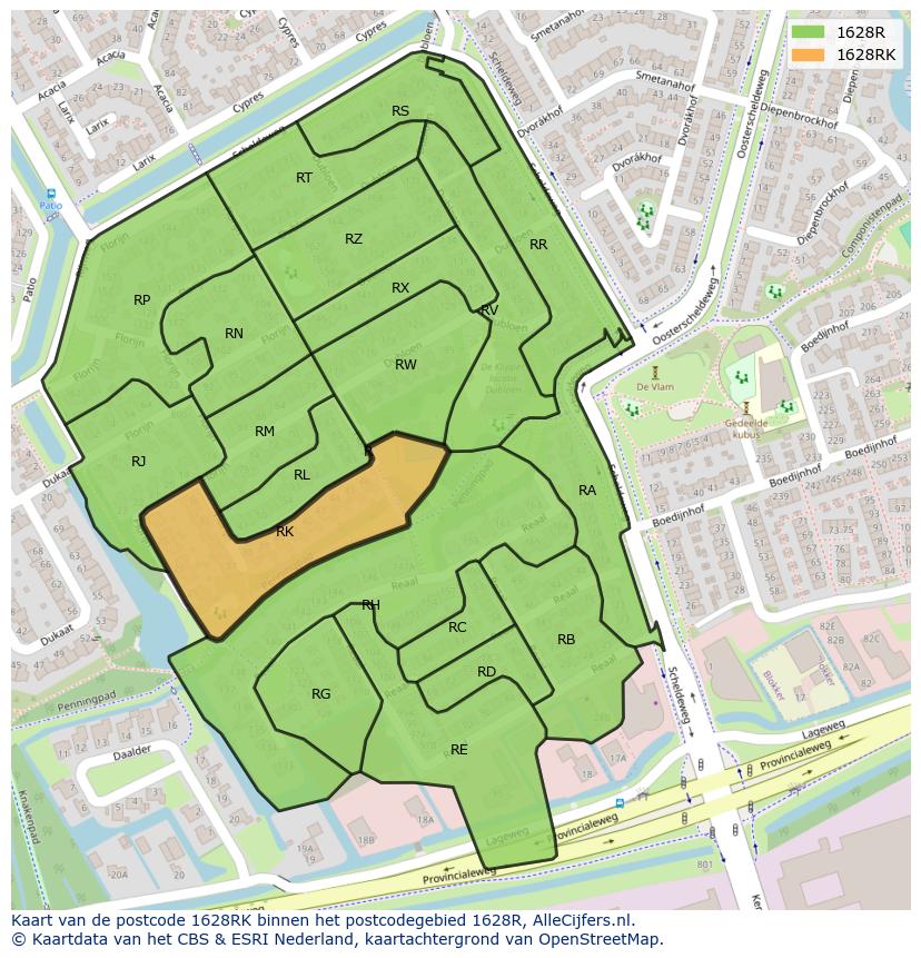 Afbeelding van het postcodegebied 1628 RK op de kaart.