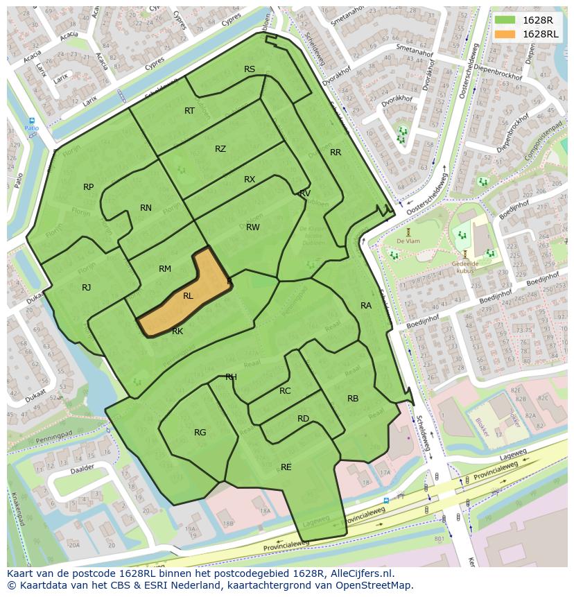 Afbeelding van het postcodegebied 1628 RL op de kaart.